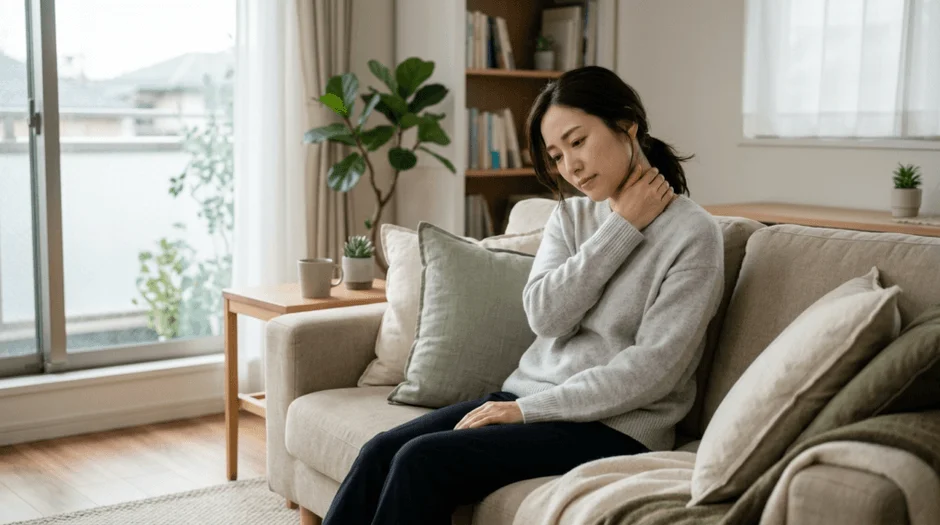 明るいリビングのソファに座る女性が、首や肩に手を当てている