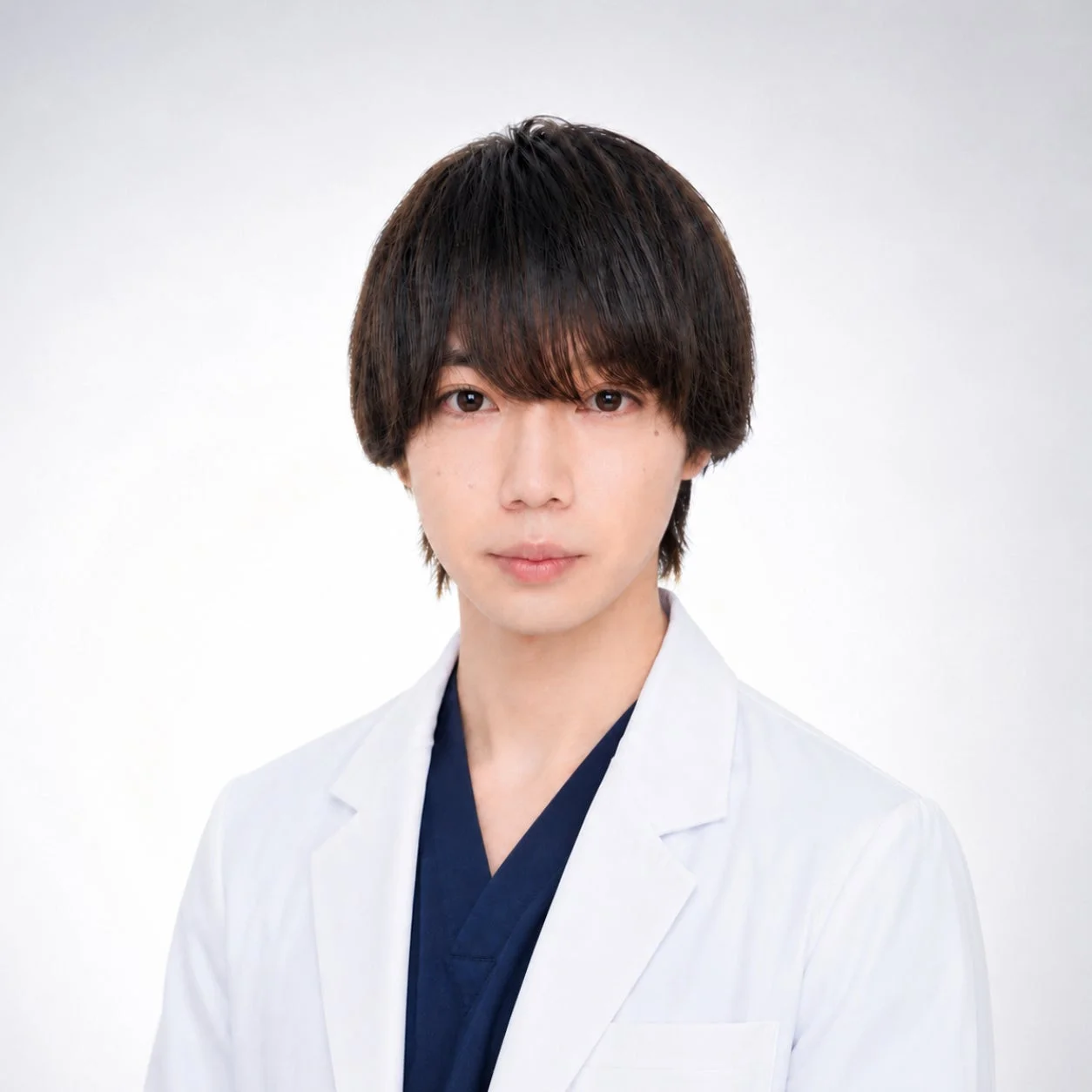 白い背景の前で、白衣と紺色のスクラブを着用した若い男性が正面を向いています。彼は医療従事者または医師のように見えます。