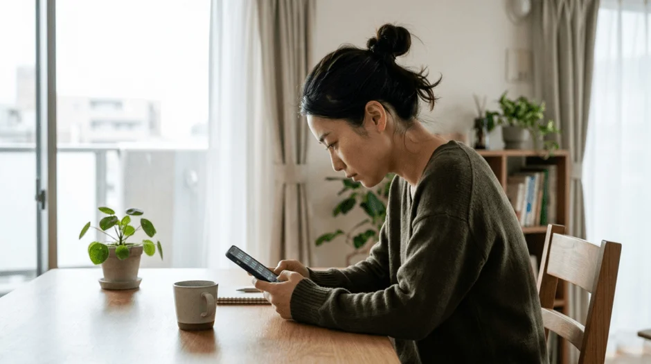 自宅のテーブルでスマートフォンを操作する女性
