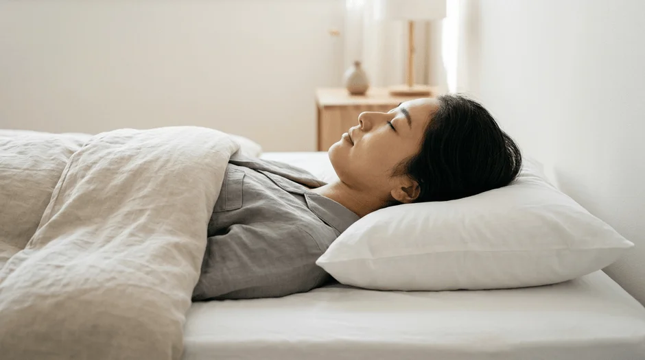 明るく清潔感のある寝室で、一人の女性が白い寝具に包まれて安らかに眠っています
