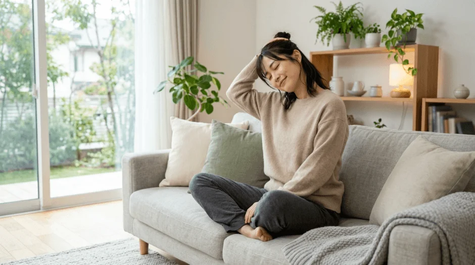 明るいリビングのソファで女性が目を閉じて首を伸ばしている