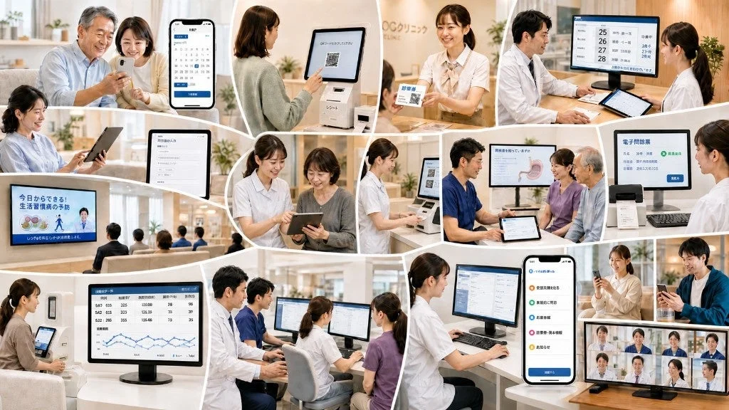 デジタル技術を活用したクリニック運営を示すコラージュ画像