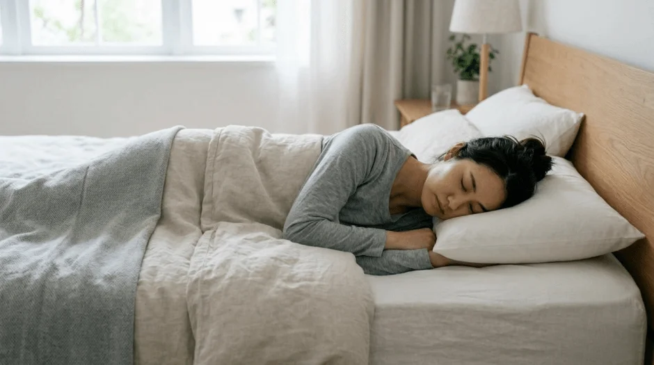 白い枕に頭を乗せてベッドで安らかに眠る女性