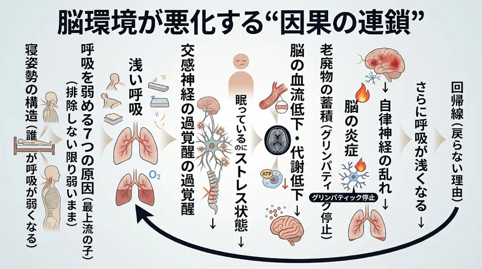 脳環境が悪化する“因果の連鎖” 浅い呼吸 呼吸を弱める7つの原因 (最上流の子) (排除しない限り弱いまま) 寝姿勢の構造 (誰が呼吸が弱くなる) 交感神経の過覚醒の過覚醒 眠っているのにストレス状態 脳の血流低下・代謝低下 老廃物の蓄積 (グリンパティック停止) 脳の炎症 自律神経の乱れ さらに呼吸が浅くなる 回帰線 (戻らない理由) グリンパティック停止 O2 ATP
