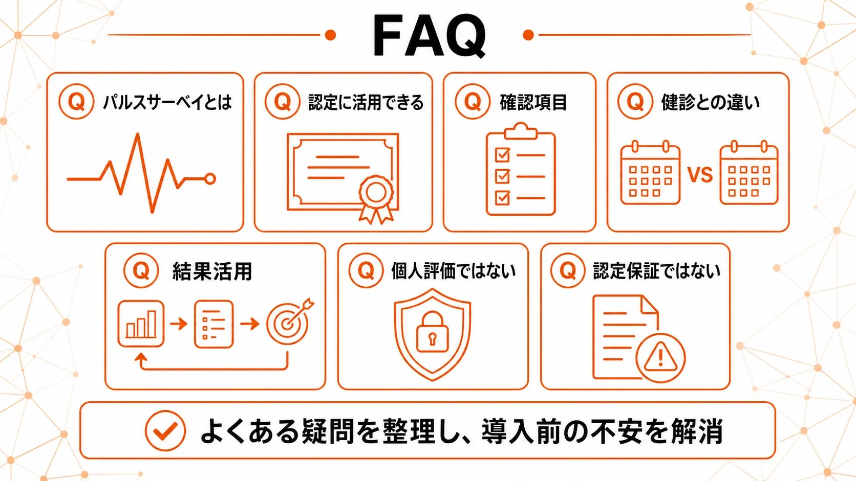 FAQ Q パルスサーベイとは Q 認定に活用できる Q 確認項目 Q 健診との違い Q 結果活用 Q 個人評価ではない Q 認定保証ではない よくある疑問を整理し、導入前の不安を解消