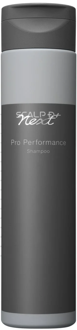 グレーと白のモダンなデザインの「SCALP D+ Next Pro Performance Shampoo」のボトル