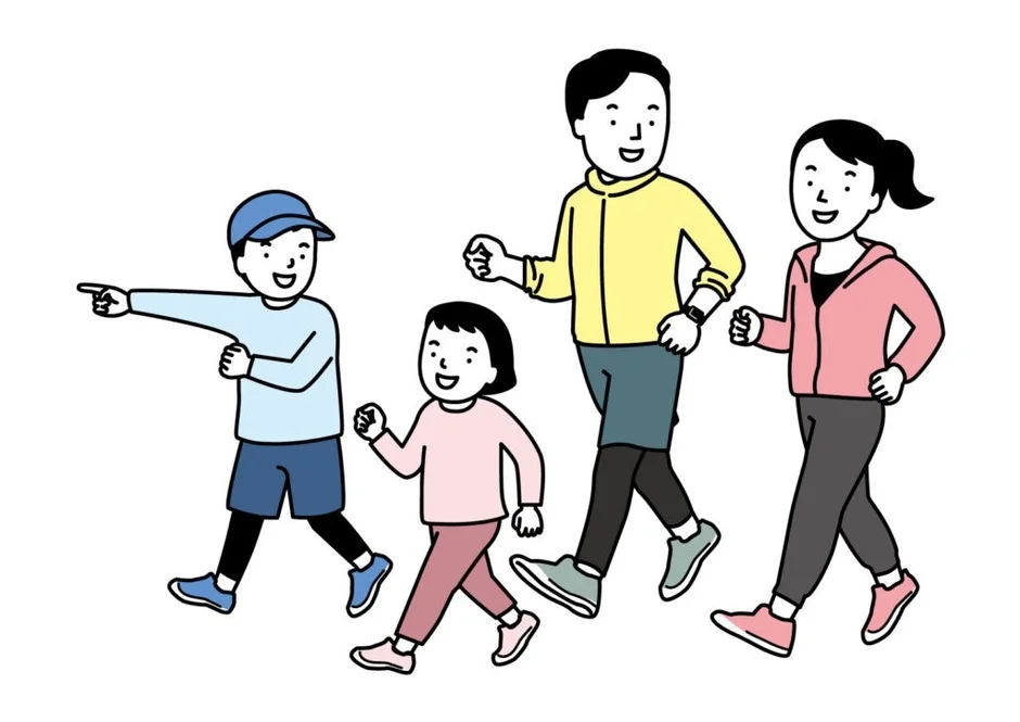 ウォーキングを楽しむ家族のイラスト