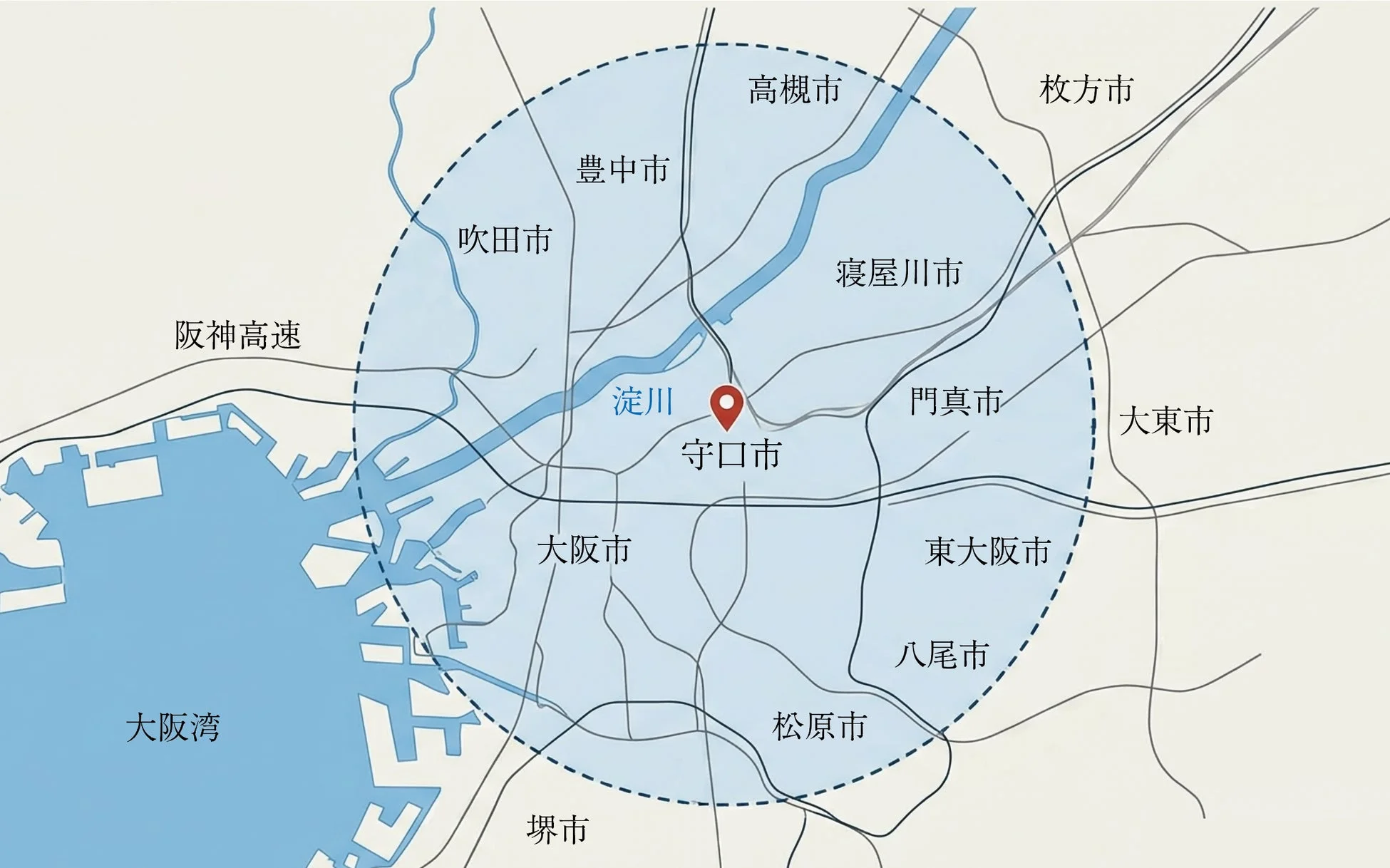大阪府を中心とした地図で対応エリアを示す