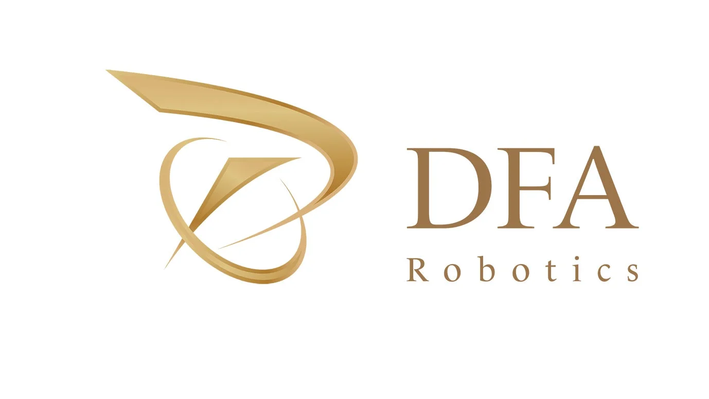金色の抽象的なロゴマークと「DFA Robotics」というテキストが特徴的な企業ロゴ
