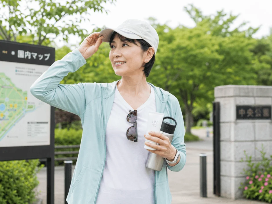 公園で散歩を楽しむ女性