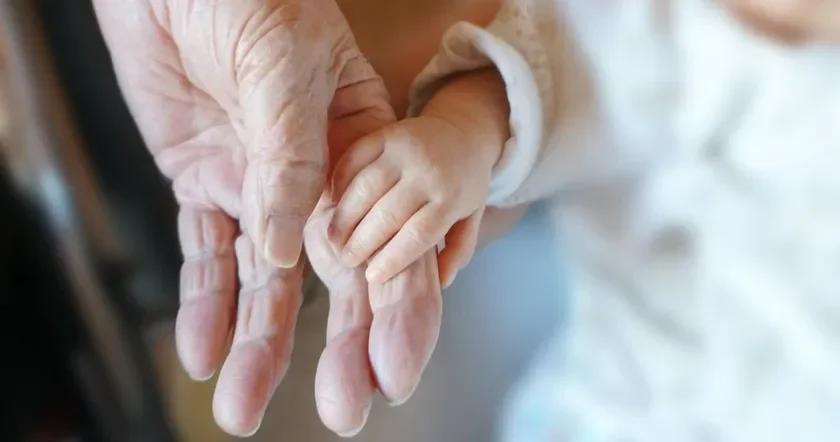 大人の手と赤ちゃんの手が優しく触れ合っている様子