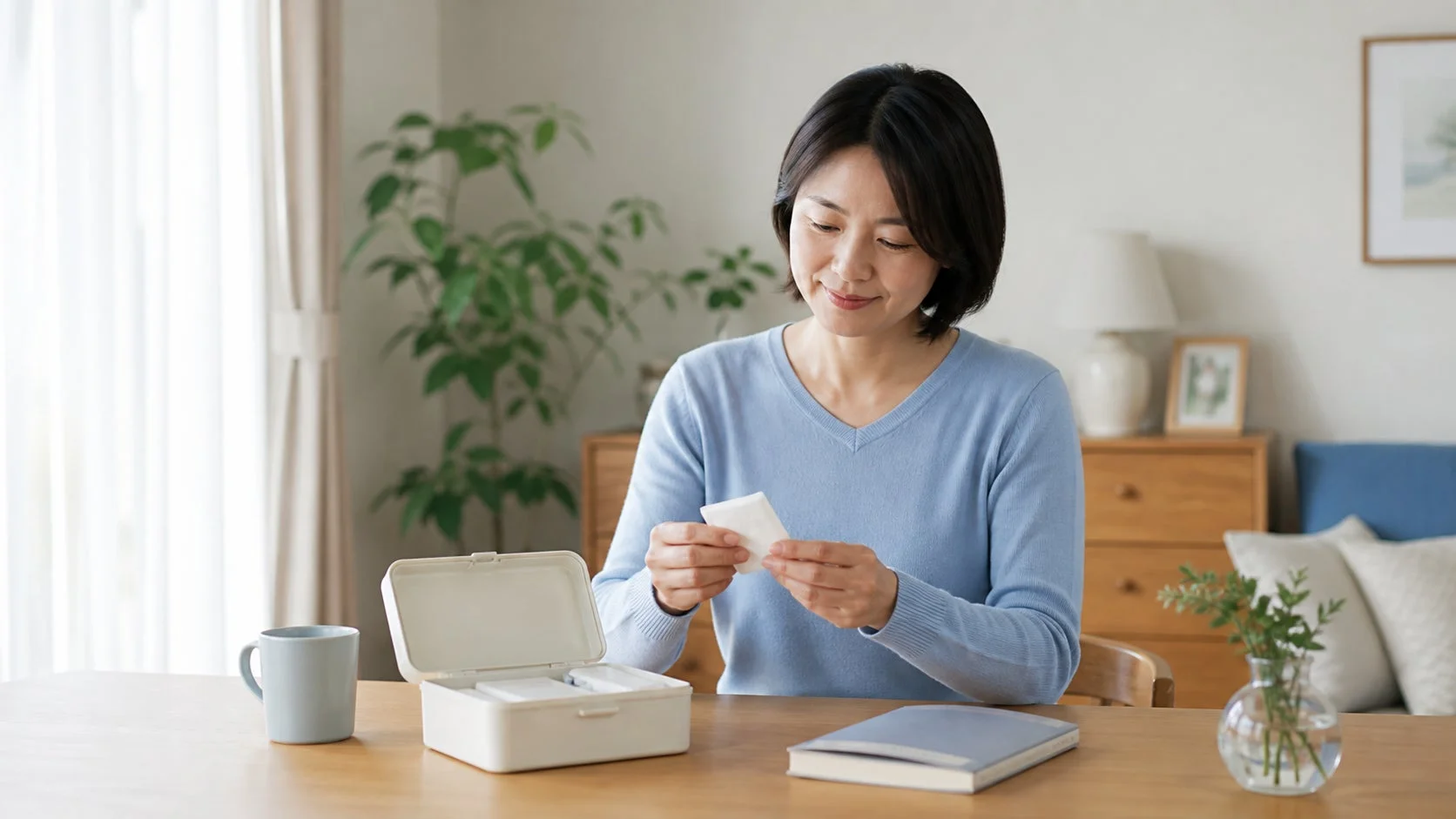 女性がリビングでリラックスする様子