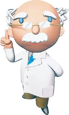 白衣を着て眼鏡をかけた老人のキャラクターが、指をさして何かを説明しているかのようなポーズをとっています。親しみやすく、知的な印象を与えるイラストです。