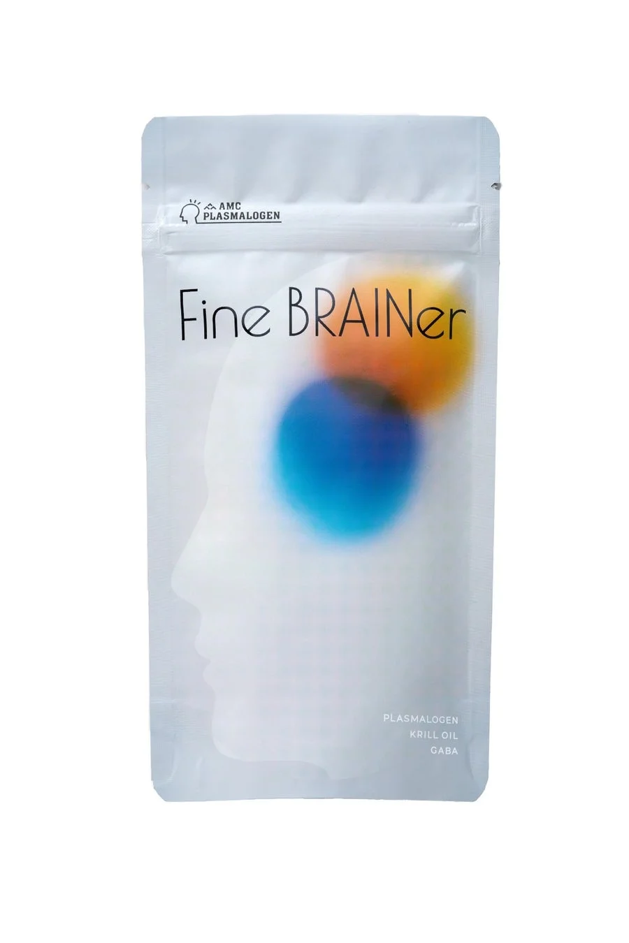 「Fine BRAINer」と書かれた白いパッケージの健康食品。プラズマローゲン、クリルオイル、GABAが配合されており、脳のシルエットが描かれています。